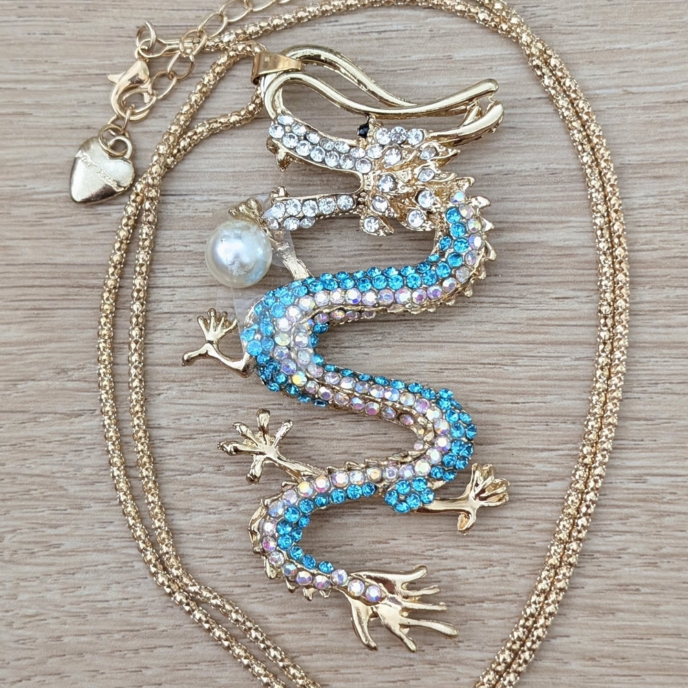 Gold Dragon Pendant Necklace with Blue and Iridescent Crystals